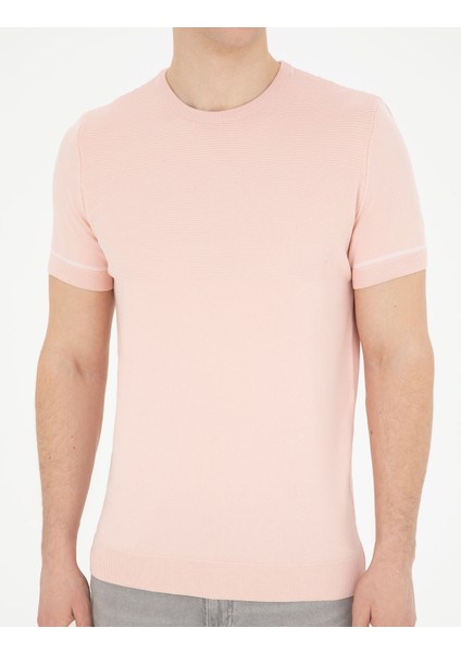 Erkek Açık Pembe Slim Fit Bisiklet Yaka Triko Tişört 50288117-VR078