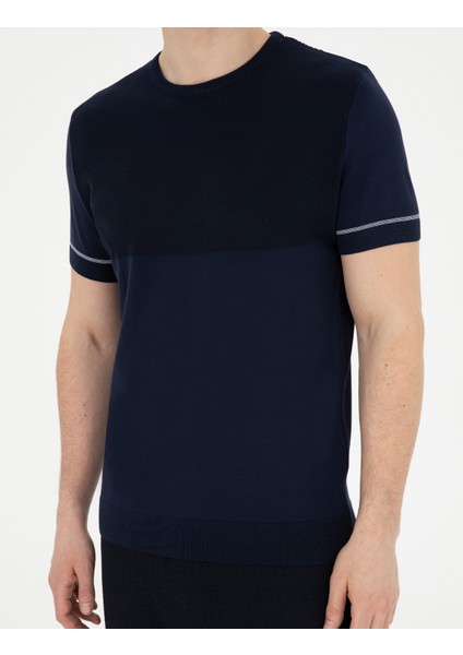 Erkek Lacivert Slim Fit Bisiklet Yaka Triko Tişört 50288117-VR033