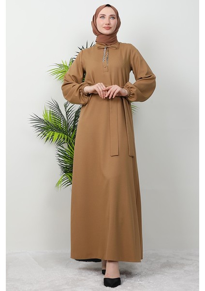 Zincir Düğme Detay Elbise Vizon