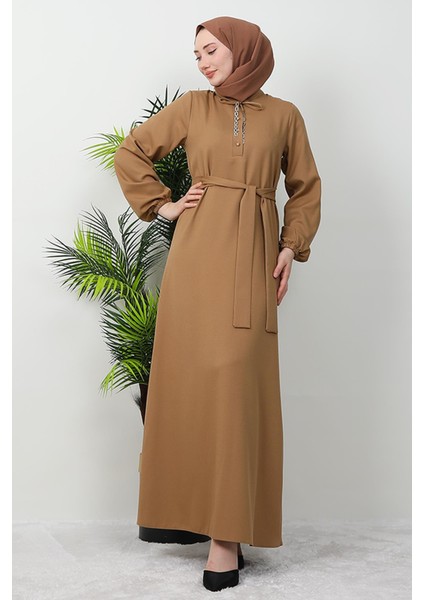 Zincir Düğme Detay Elbise Vizon fırsatları