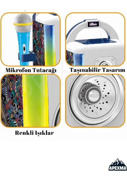 Çocuklar Için Hoparlörlü Bluetooth Özellikli LED Işıklı Karaoke Mikrofonlu Taşınabilir Müzik Kutusu Çok Renkli modelleri