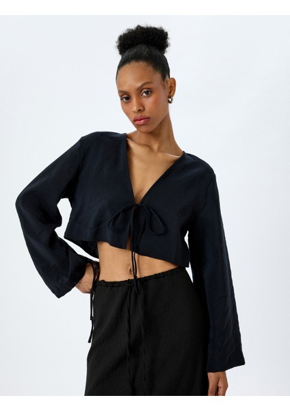 Modal Kumaş Bağlama Detaylı Uzun Geniş Kollu Crop Bluz