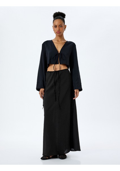 Modal Kumaş Bağlama Detaylı Uzun Geniş Kollu Crop Bluz