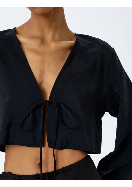 Modal Kumaş Bağlama Detaylı Uzun Geniş Kollu Crop Bluz
