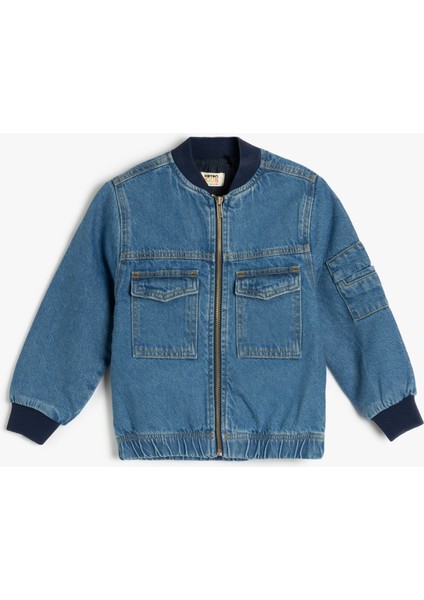 Pamuklu Uzun Kollu Kapaklı Cepli Oversize Bomber Denim Ceket