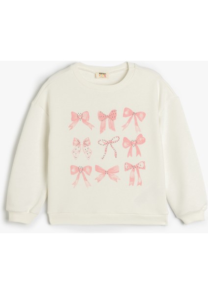 Taş Detaylı Fiyonk Baskılı Uzun Kollu Pamuklu Sweatshirt