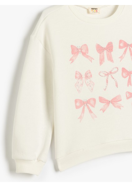 Taş Detaylı Fiyonk Baskılı Uzun Kollu Pamuklu Sweatshirt