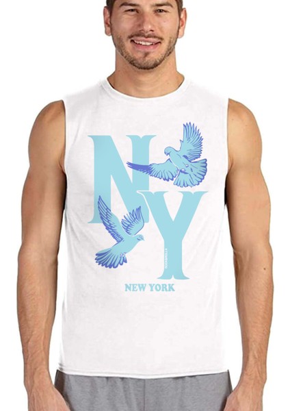 Ny Güvercinleri Beyaz Erkek Kesik Kol / Kolsuz T-Shirt