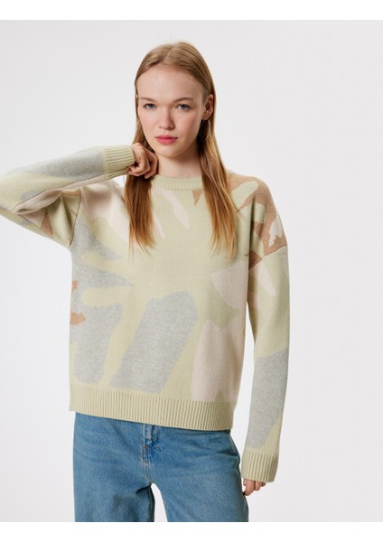 Bisiklet Yaka Kazak Triko Soyut Desenli Uzun Kollu