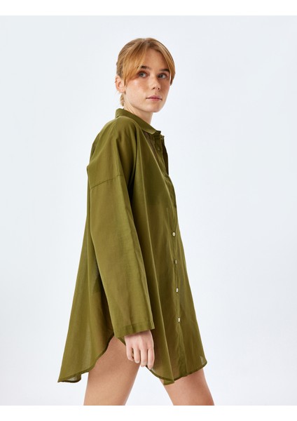 Pamuklu Düğmeli Uzun Kollu Gömlek Yaka Plaj Elbisesi