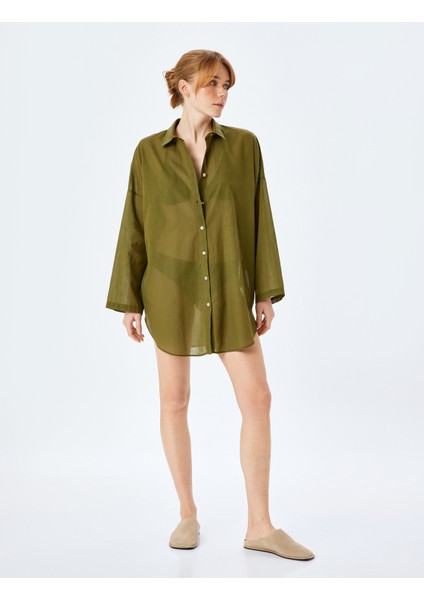 Pamuklu Düğmeli Uzun Kollu Gömlek Yaka Plaj Elbisesi fiyatları