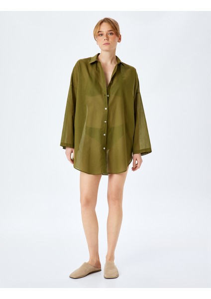 Pamuklu Düğmeli Uzun Kollu Gömlek Yaka Plaj Elbisesi modelleri