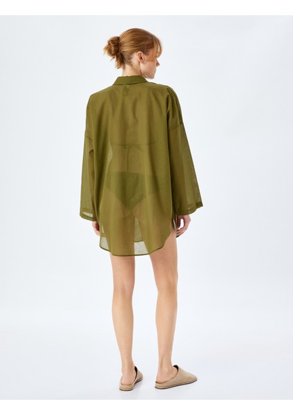 Pamuklu Düğmeli Uzun Kollu Gömlek Yaka Plaj Elbisesi fırsatları