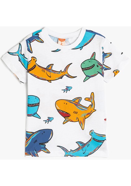 Köpekbalığı Baskılı Pamuklu Bisiklet Yaka Kısa Kollu Tişört