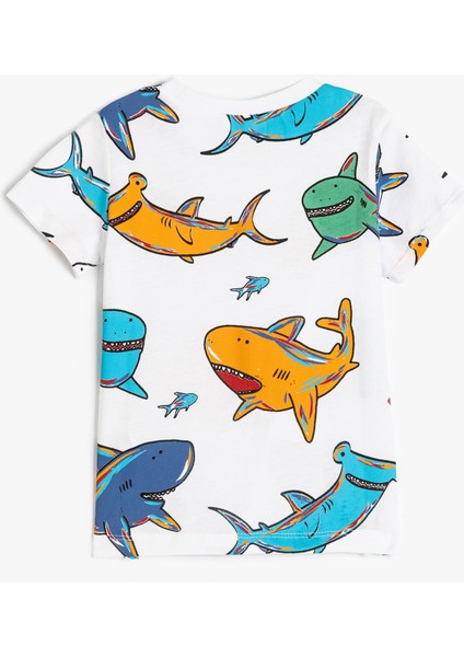 Köpekbalığı Baskılı Pamuklu Bisiklet Yaka Kısa Kollu Tişört fiyatları