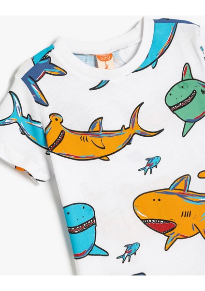 Köpekbalığı Baskılı Pamuklu Bisiklet Yaka Kısa Kollu Tişört modelleri