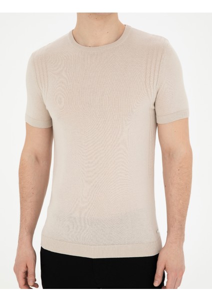 Erkek Bej Slim Fit Bisiklet Yaka Triko Tişört 50288845-VR011