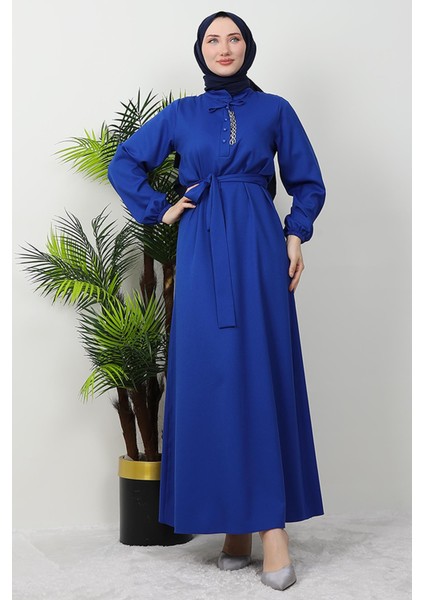 Zincir Düğme Detay Elbise Saks