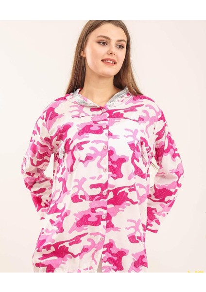 Büyük Beden Yıkamalı Ithal Pamuk Viskon Kapşonu ve Cepleri Pulpayetli Kamuflaj Desen Gömlek