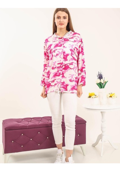 Büyük Beden Yıkamalı Ithal Pamuk Viskon Kapşonu ve Cepleri Pulpayetli Kamuflaj Desen Gömlek fiyatları