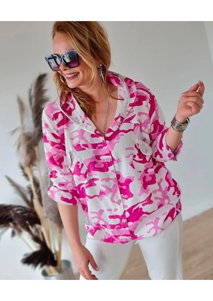 Büyük Beden Yıkamalı Ithal Pamuk Viskon Kapşonu ve Cepleri Pulpayetli Kamuflaj Desen Gömlek modelleri