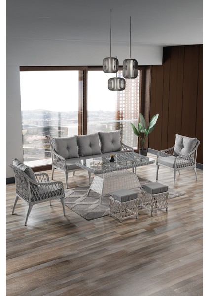 Joy Rattan Puflu Bahçe Balkon Takımı 3+1+1+ Camlı Masa Kemik Rengi