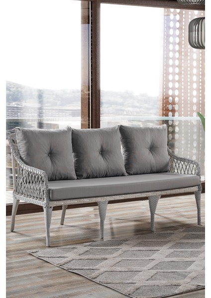 Joy Rattan Puflu Bahçe Balkon Takımı 3+1+1+ Camlı Masa Kemik Rengi