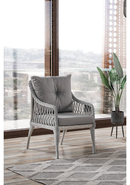 Joy Rattan Puflu Bahçe Balkon Takımı 3+1+1+ Camlı Masa Kemik Rengi