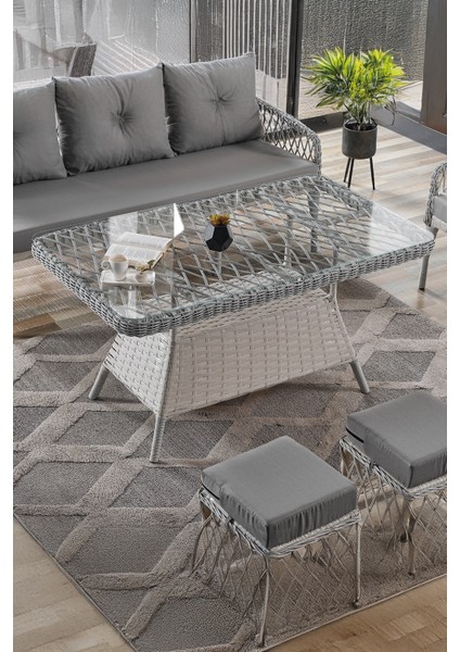 Joy Rattan Puflu Bahçe Balkon Takımı 3+1+1+ Camlı Masa Kemik Rengi