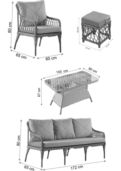 Joy Rattan Puflu Bahçe Balkon Takımı 3+1+1+ Camlı Masa Kemik Rengi