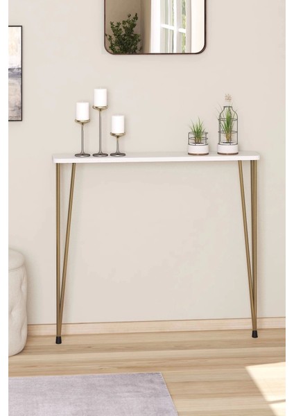 Dresuar 60 cm Beyaz Oval Kenar Gold Ayak