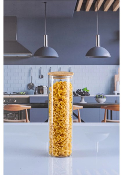 Tekli 1800 ml Bambu Kapaklı Lüks Yuvarlak Bakliyat Kavanozu