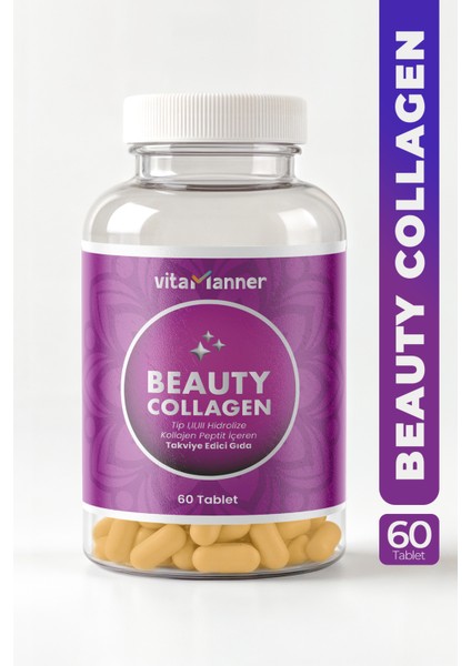 Vitamanner Beauty Collagen Tip 1, Tip 2, Tip 3, Vitamin C, Selenyum, Biotin Içeren Takviye Edici Gıda 60 Tablet