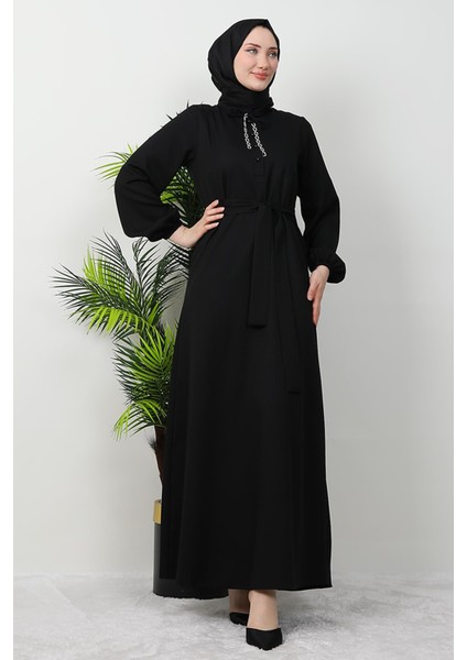 Zincir Düğme Detay Elbise Siyah