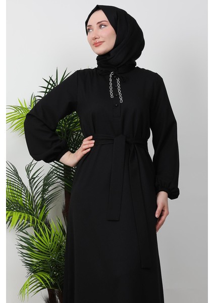 Zincir Düğme Detay Elbise Siyah indirimleri