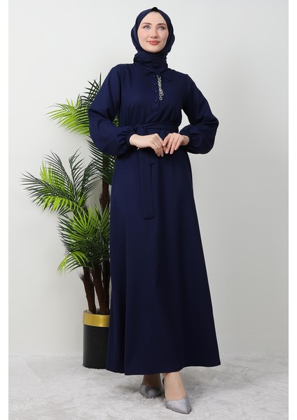 Zincir Düğme Detay Elbise Lacivert