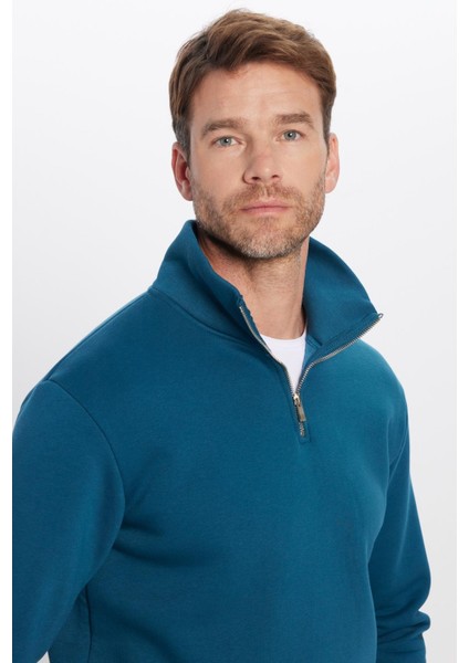 Unisex Relax Fit Rahat Kesim Pamuklu İçi Polarlı Yarım Fermuarlı Indigo Dik Yaka Sweatshirt
