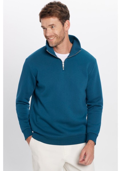 Unisex Relax Fit Rahat Kesim Pamuklu İçi Polarlı Yarım Fermuarlı Indigo Dik Yaka Sweatshirt fiyatları