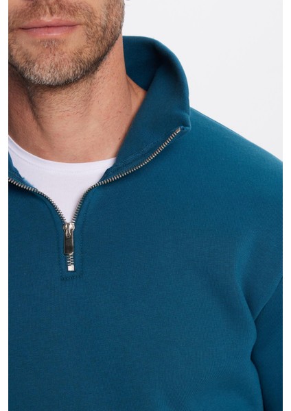 Unisex Relax Fit Rahat Kesim Pamuklu İçi Polarlı Yarım Fermuarlı Indigo Dik Yaka Sweatshirt modelleri