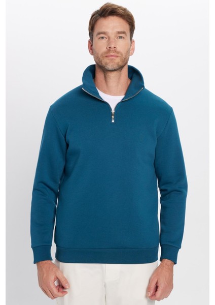 Unisex Relax Fit Rahat Kesim Pamuklu İçi Polarlı Yarım Fermuarlı Indigo Dik Yaka Sweatshirt fırsatları