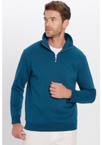 Unisex Relax Fit Rahat Kesim Pamuklu İçi Polarlı Yarım Fermuarlı Indigo Dik Yaka Sweatshirt indirimleri
