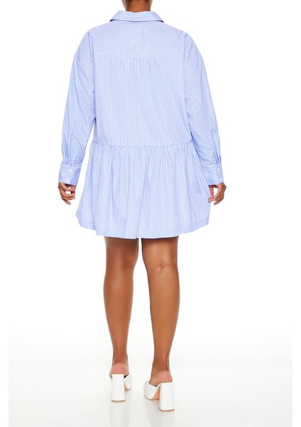 Plus Size Çizgili Mini Gömlek Elbise