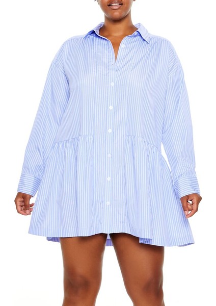 Plus Size Çizgili Mini Gömlek Elbise