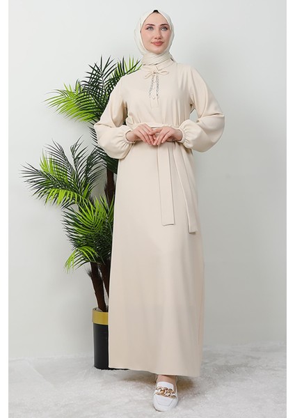 Zincir Düğme Detay Elbise Krem