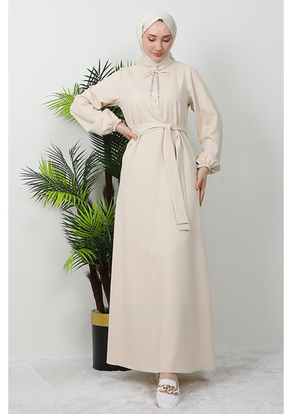 Zincir Düğme Detay Elbise Krem modelleri
