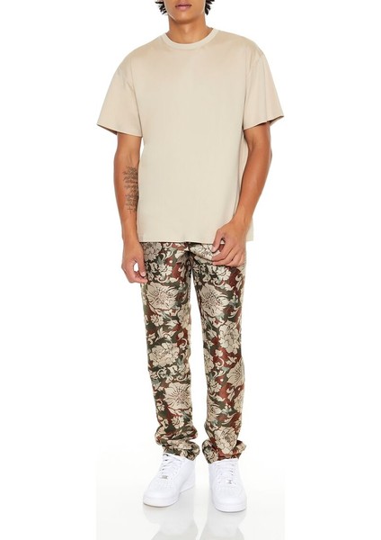 Jakarlı Çiçekli Slim-Fit Pantolon