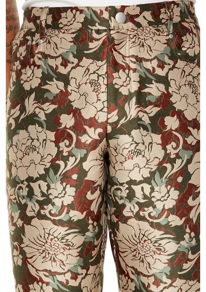 Jakarlı Çiçekli Slim-Fit Pantolon