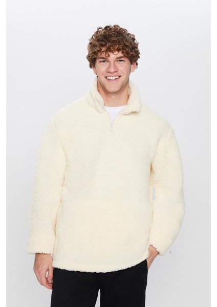 Unisex Relax Fit Rahat Kesim Kanguru Cepli Yarım Fermuarlı Dik Yaka Peluş Sweatshırt fiyatları