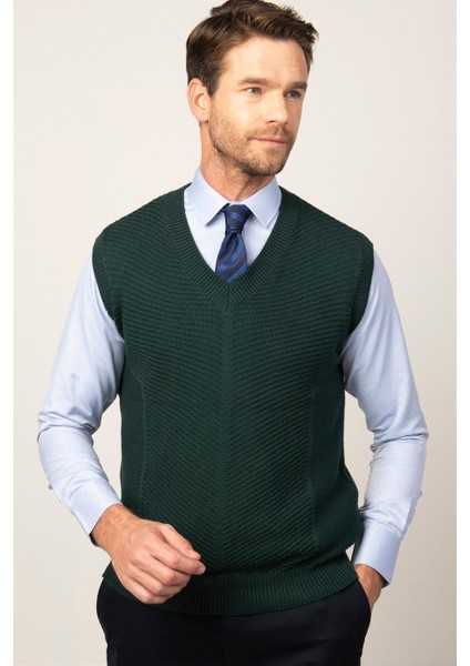 Erkek Slim Fit V Yaka Kendinden Desenli Yeşil Süveter fiyatları