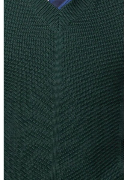 Erkek Slim Fit V Yaka Kendinden Desenli Yeşil Süveter modelleri